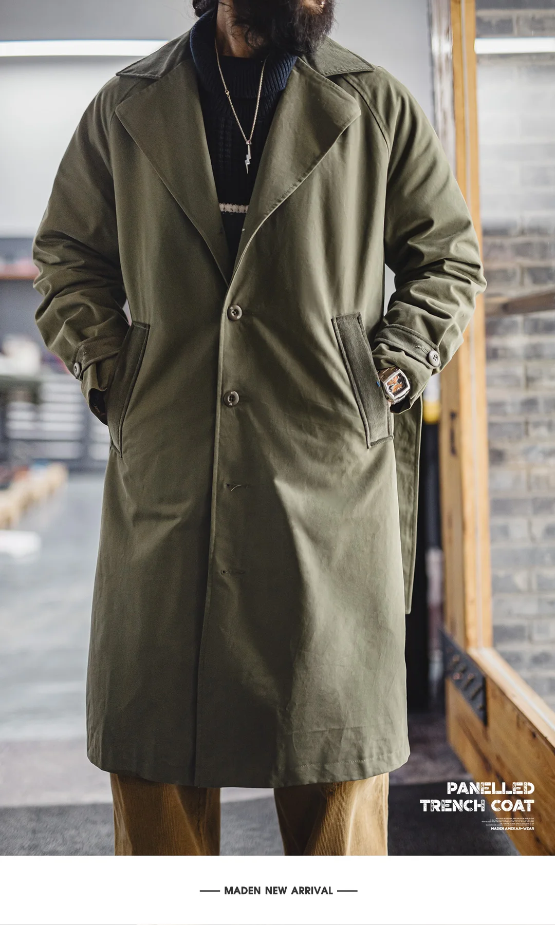 Maden Vintage Men‘s Military Green Trench Coat Mid-Length Corduroy Collar Pure Cotton Overcoat Single-Breasted Spring Autumn