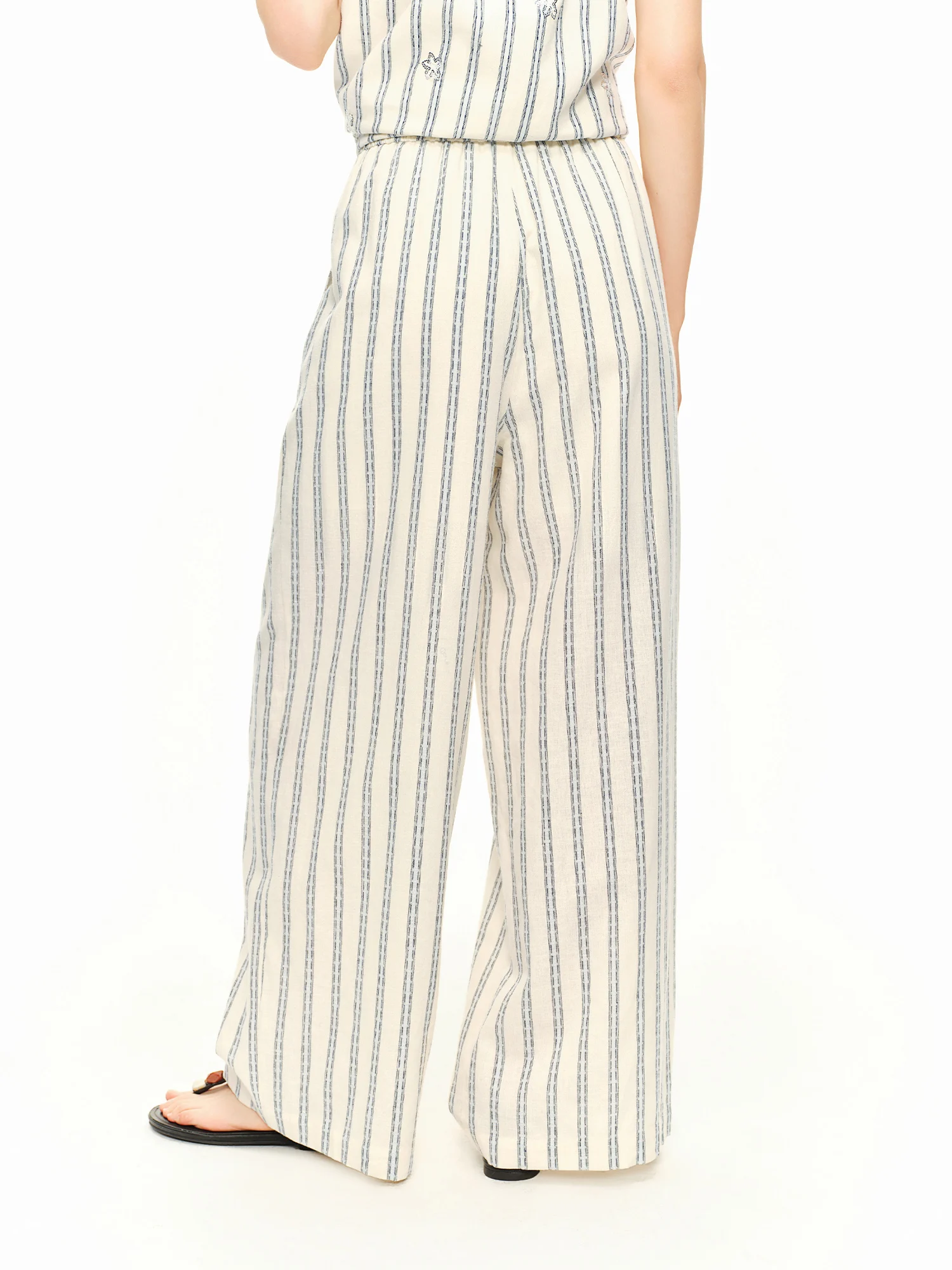 DUSHU 2026 Summer Women Striped Linen Cotton Straight Leg Elastic High Waist Breathable Casual Trousers Boho Beach Coastal Style