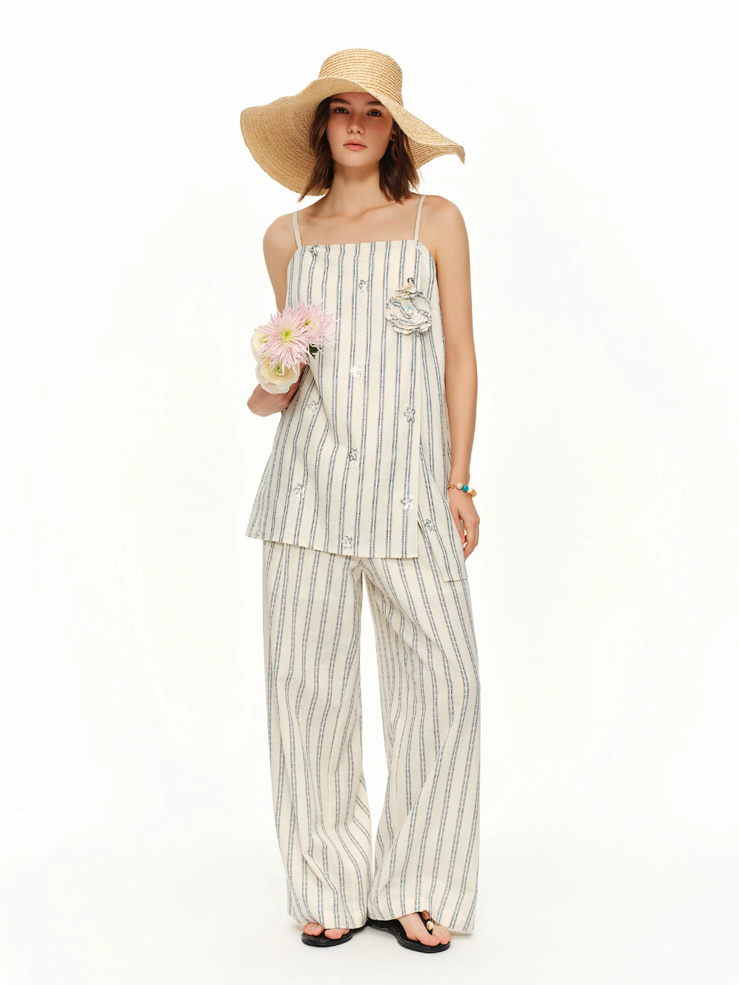 DUSHU 2026 Summer Women Striped Linen Cotton Straight Leg Elastic High Waist Breathable Casual Trousers Boho Beach Coastal Style