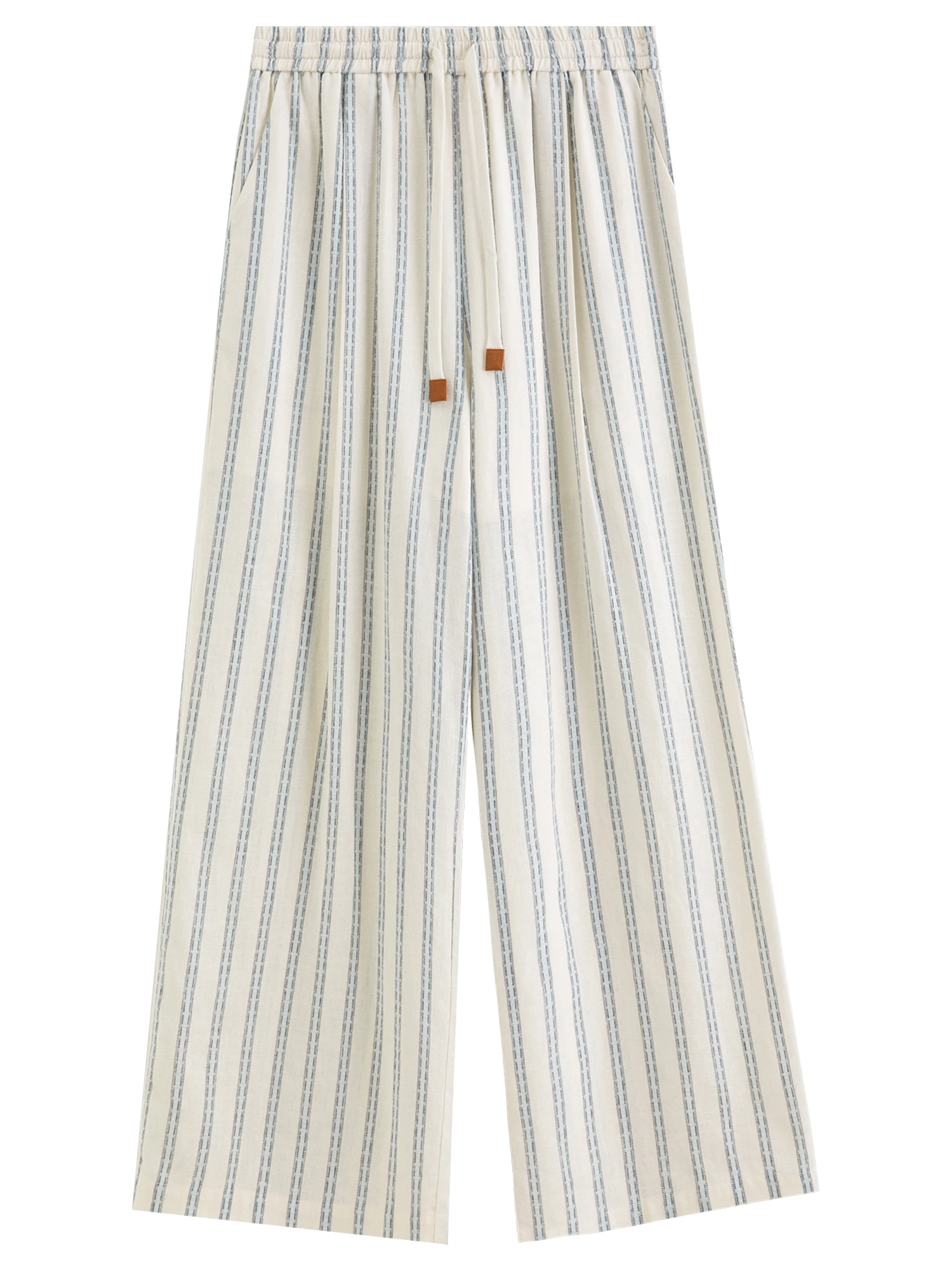DUSHU 2026 Summer Women Striped Linen Cotton Straight Leg Elastic High Waist Breathable Casual Trousers Boho Beach Coastal Style