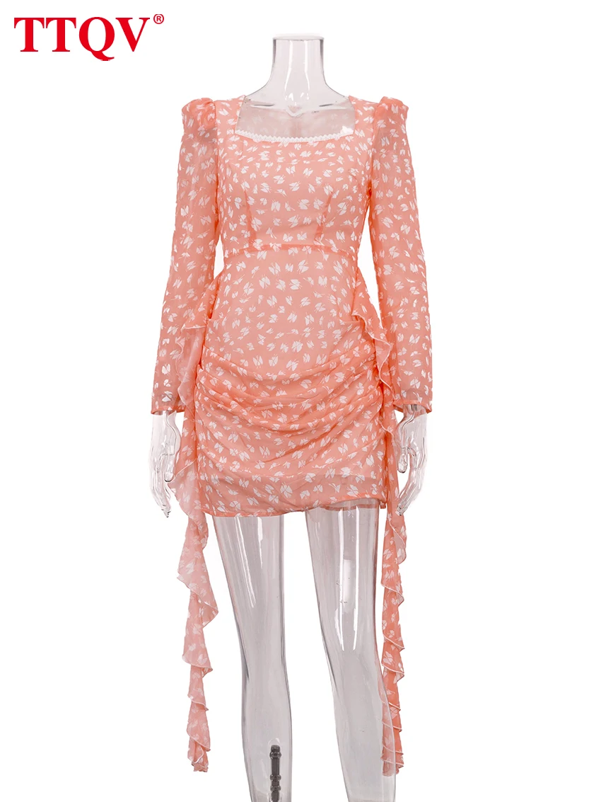 TTQV Fashion Slim Print Women's Dress 2026 Sexy Square Collar Long Sleeve Mini Dresses Elegant Classic Lace-Up Female Dress