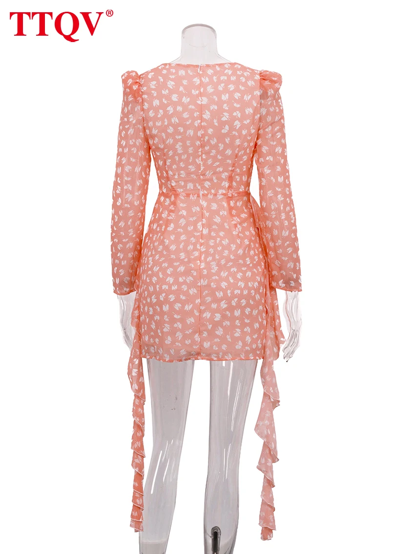 TTQV Fashion Slim Print Women's Dress 2026 Sexy Square Collar Long Sleeve Mini Dresses Elegant Classic Lace-Up Female Dress