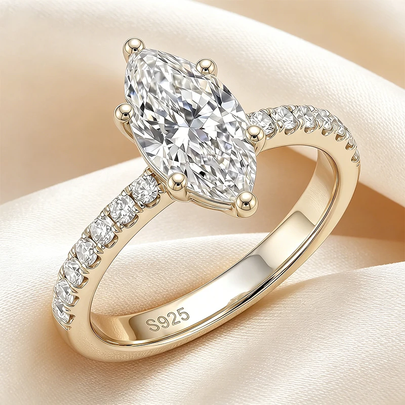 TEZZC 3CT Marquise Cut Moissanite Ring S925 Silver Gold Plated Engagement Wedding Band Lab Diamond Promise Rings For Women