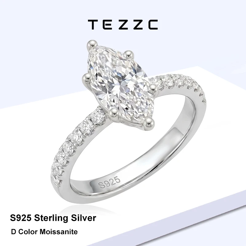 TEZZC 3CT Marquise Cut Moissanite Ring S925 Silver Gold Plated Engagement Wedding Band Lab Diamond Promise Rings For Women