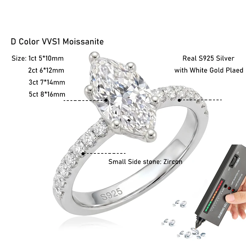TEZZC 3CT Marquise Cut Moissanite Ring S925 Silver Gold Plated Engagement Wedding Band Lab Diamond Promise Rings For Women