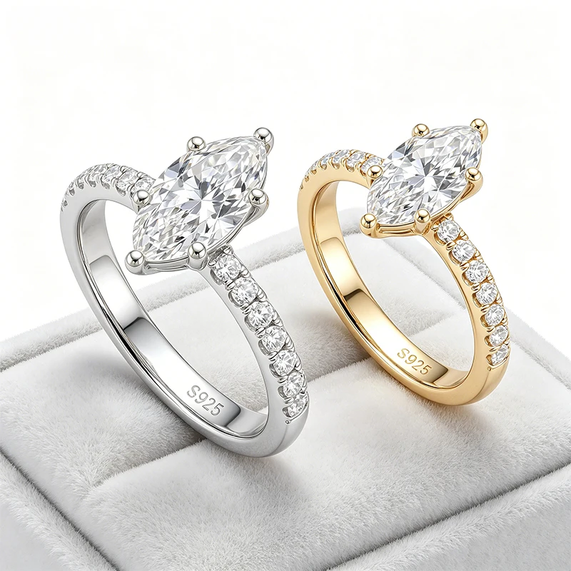 TEZZC 3CT Marquise Cut Moissanite Ring S925 Silver Gold Plated Engagement Wedding Band Lab Diamond Promise Rings For Women