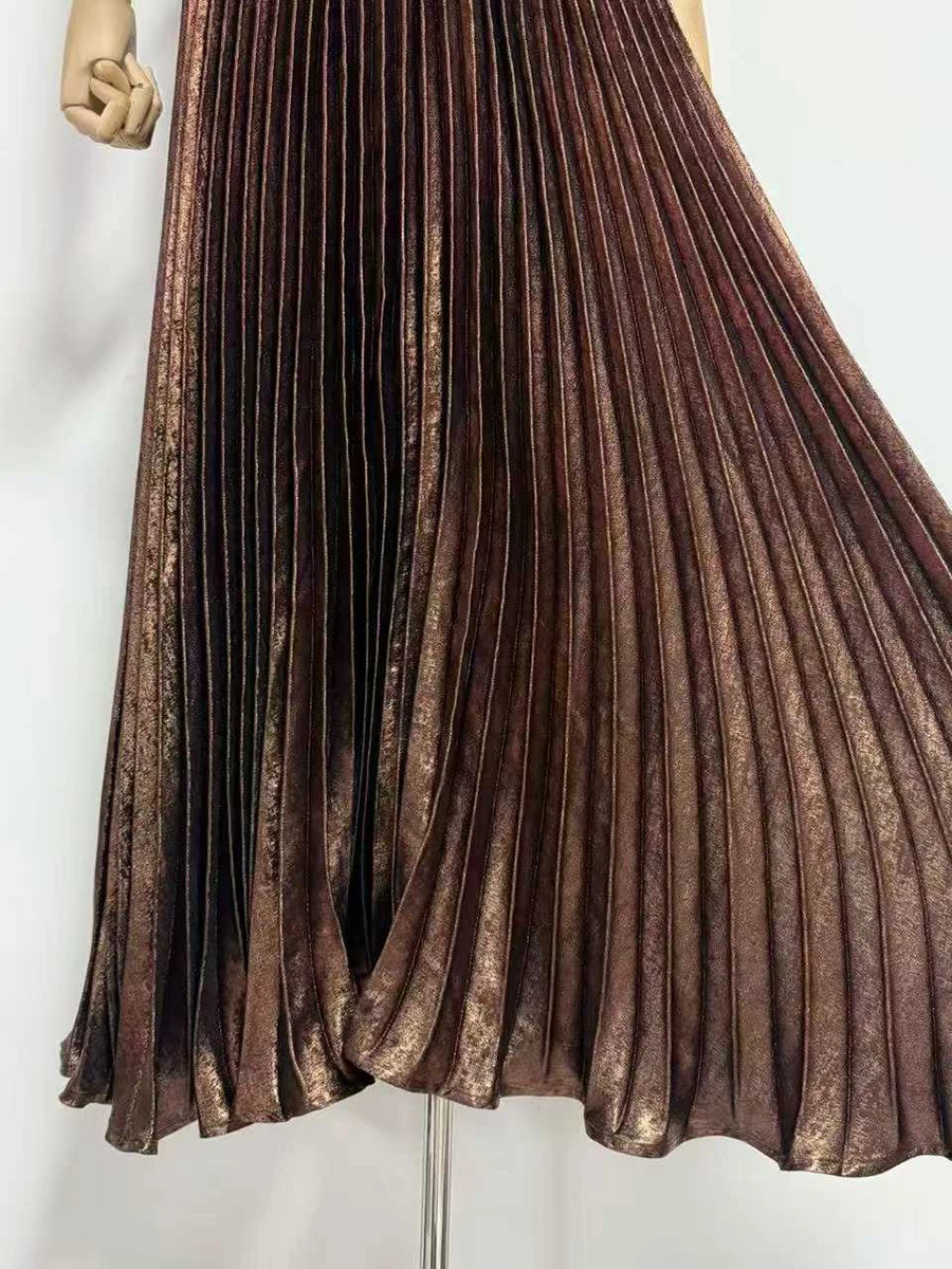TWOTWINSTYLE Patchwork Folds Irrgular Dresses for Women Round Neck Sleeveless High Waist Long Dress Female Fashion Clothing 2026