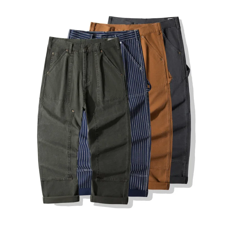 OKONKWO B01 Lumberjack Striped Canvas Full Length Casual Work Pants Durable Everyday Wear Fashionable Outdoor Trouser for Men