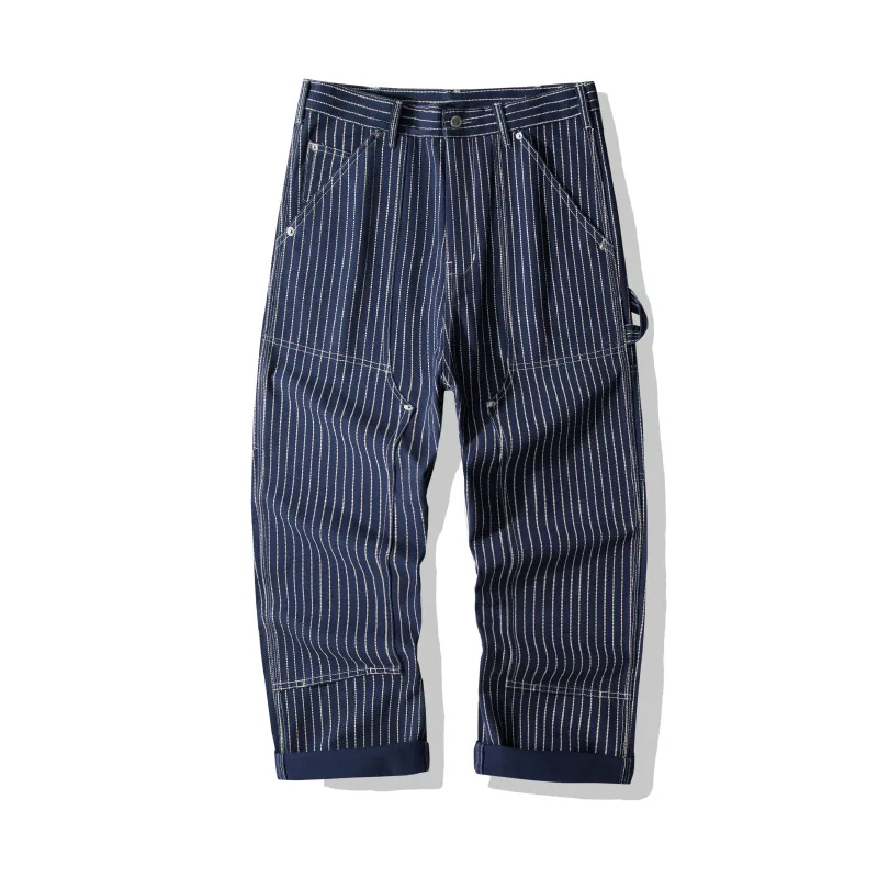 OKONKWO B01 Lumberjack Striped Canvas Full Length Casual Work Pants Durable Everyday Wear Fashionable Outdoor Trouser for Men