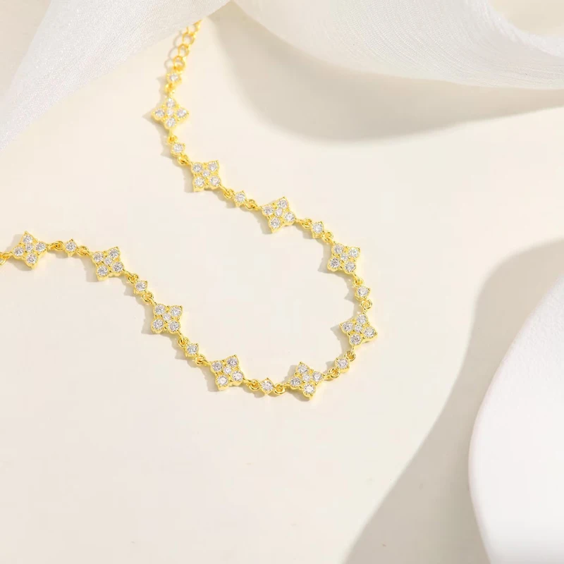 OXTAO Classic Moissanite Floral-Style Bracelet for Women 14K Gold Filled Clover Flower Four-leaf Bracelet Luxury Wedding Jewelry