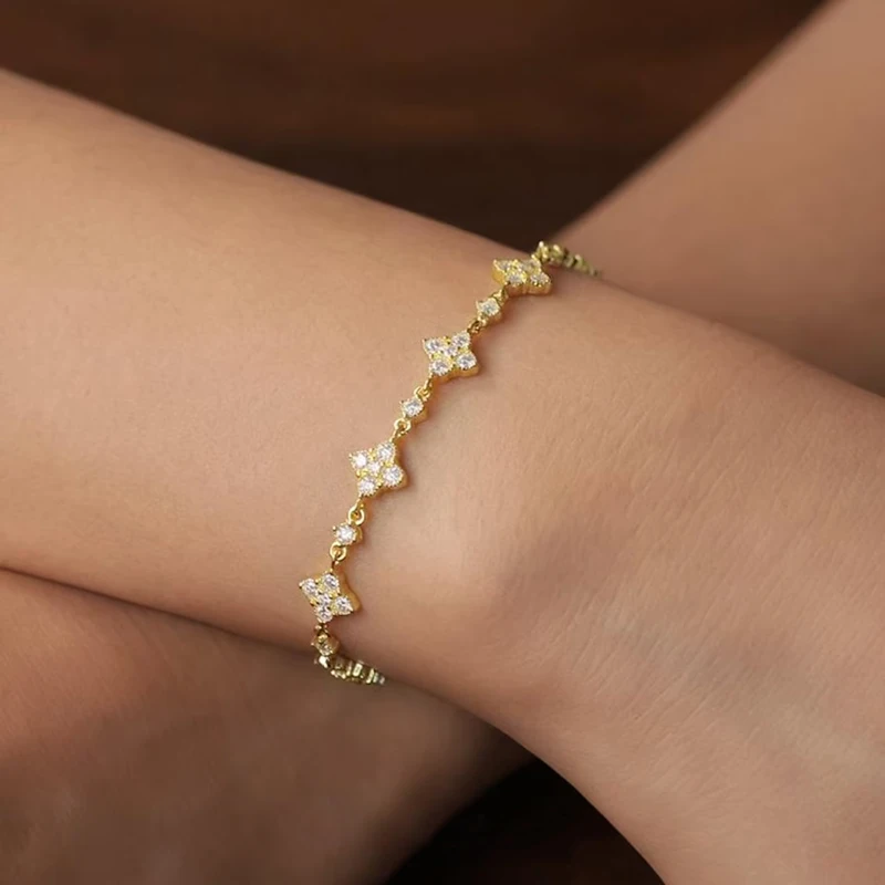 OXTAO Classic Moissanite Floral-Style Bracelet for Women 14K Gold Filled Clover Flower Four-leaf Bracelet Luxury Wedding Jewelry