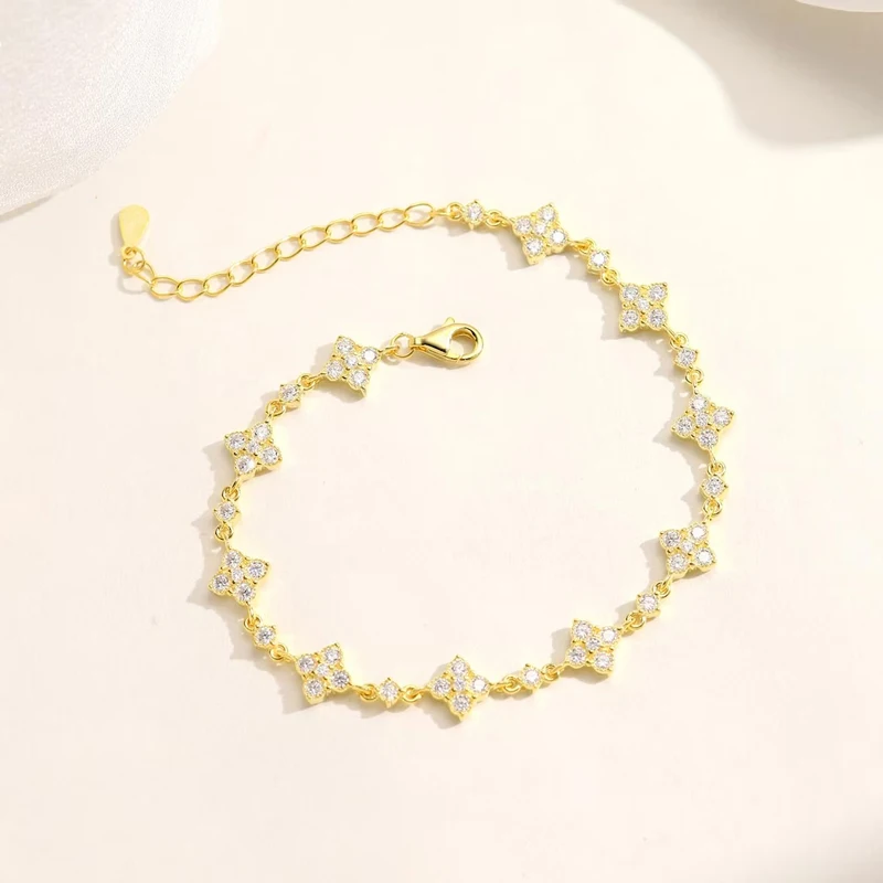 OXTAO Classic Moissanite Floral-Style Bracelet for Women 14K Gold Filled Clover Flower Four-leaf Bracelet Luxury Wedding Jewelry