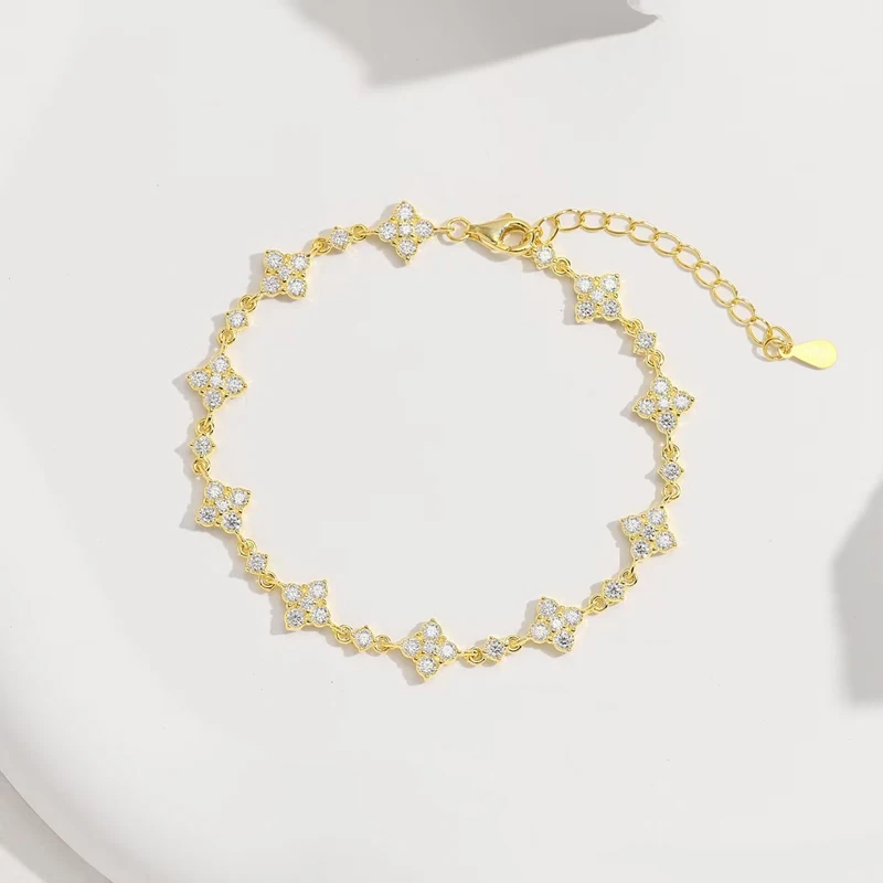 OXTAO Classic Moissanite Floral-Style Bracelet for Women 14K Gold Filled Clover Flower Four-leaf Bracelet Luxury Wedding Jewelry