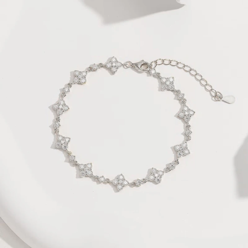 OXTAO Classic Moissanite Floral-Style Bracelet for Women 14K Gold Filled Clover Flower Four-leaf Bracelet Luxury Wedding Jewelry