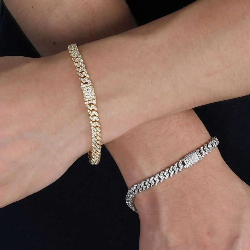 Nuoya 6MM VVS1 Moissanite Iced Out Bracelet Hip Hop Jewelry Silver Plated Brass Cuban Link Chain Bracelet for Female Wholesale