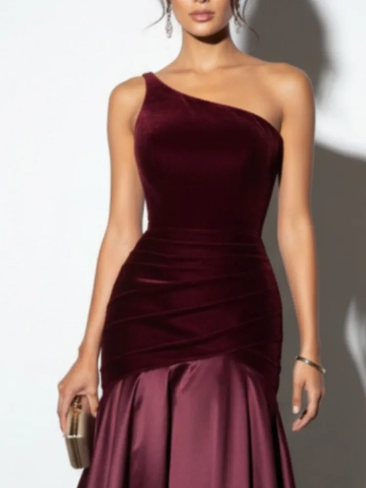 Yeezzi 2026 New Women One-Shoulder Floor-length Formal Evening Gown Elegant Velvet Patchwork Pleated High-low Party Maxi Dresses