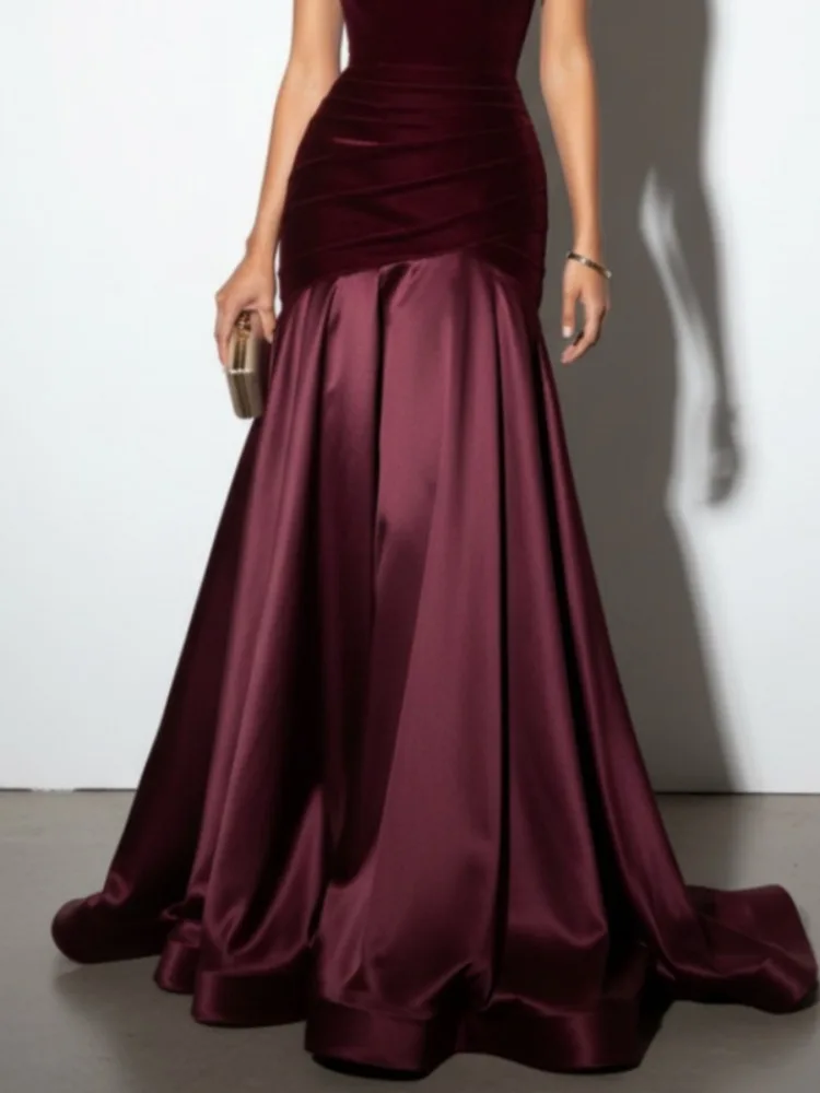 Yeezzi 2026 New Women One-Shoulder Floor-length Formal Evening Gown Elegant Velvet Patchwork Pleated High-low Party Maxi Dresses