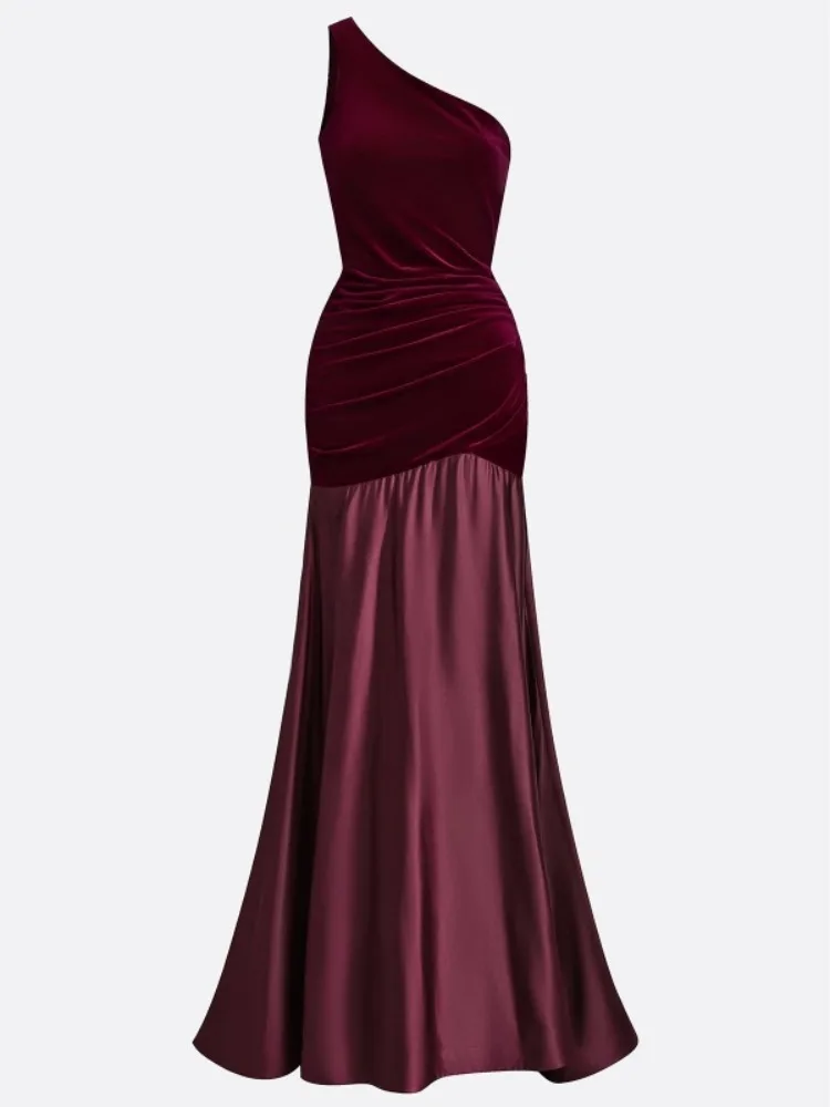Yeezzi 2026 New Women One-Shoulder Floor-length Formal Evening Gown Elegant Velvet Patchwork Pleated High-low Party Maxi Dresses