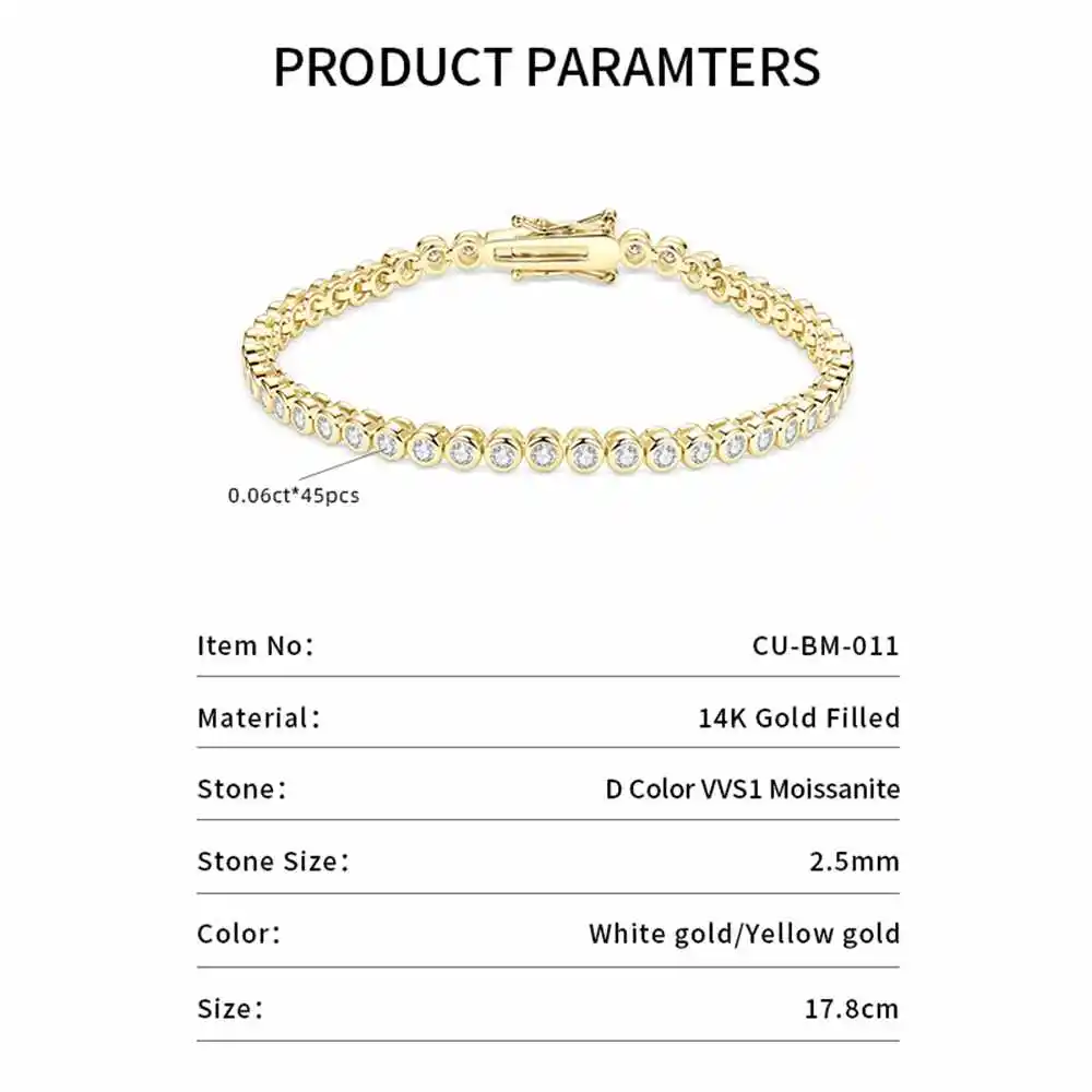 Lnkry Sparkling Round Bezel 2.5mm Moissanite Tennis Bracelet For Women Korean INS 14K Gold Filled Chain Bracelet Jewelry Gifts