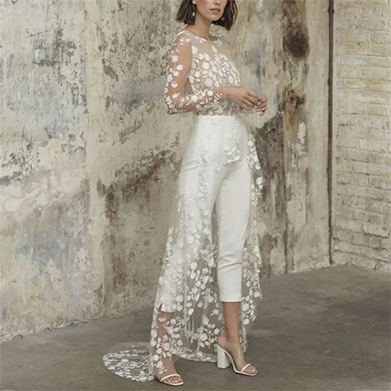 Lace Windbreaker Jumpsuit Women Fake 2 Piece Party Full Sleeve Wedding Long Rompers Playsuits Sexy One Piece Pants Overalls