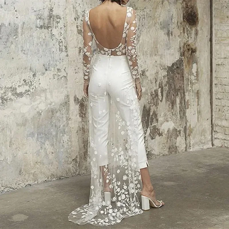 Lace Windbreaker Jumpsuit Women Fake 2 Piece Party Full Sleeve Wedding Long Rompers Playsuits Sexy One Piece Pants Overalls