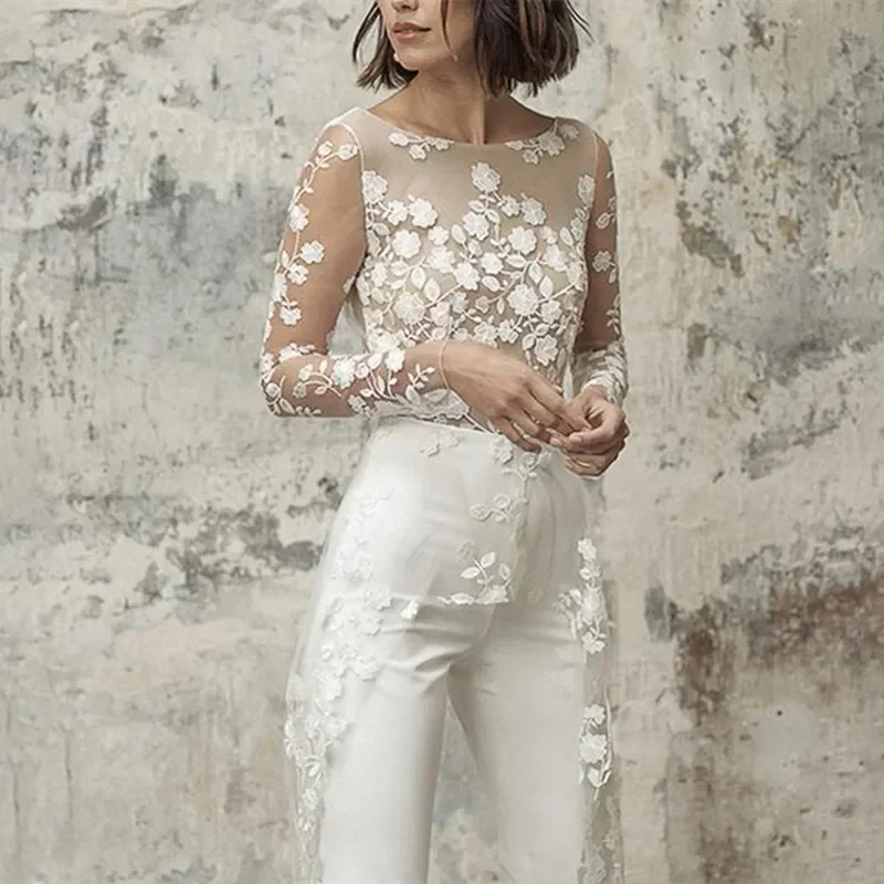 Lace Windbreaker Jumpsuit Women Fake 2 Piece Party Full Sleeve Wedding Long Rompers Playsuits Sexy One Piece Pants Overalls