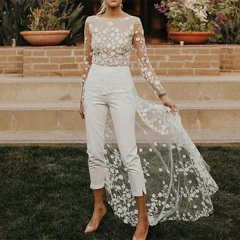 Lace Windbreaker Jumpsuit Women Fake 2 Piece Party Full Sleeve Wedding Long Rompers Playsuits Sexy One Piece Pants Overalls