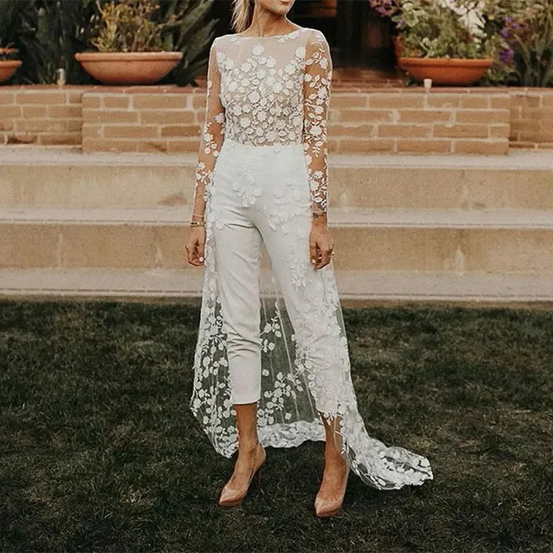 Lace Windbreaker Jumpsuit Women Fake 2 Piece Party Full Sleeve Wedding Long Rompers Playsuits Sexy One Piece Pants Overalls