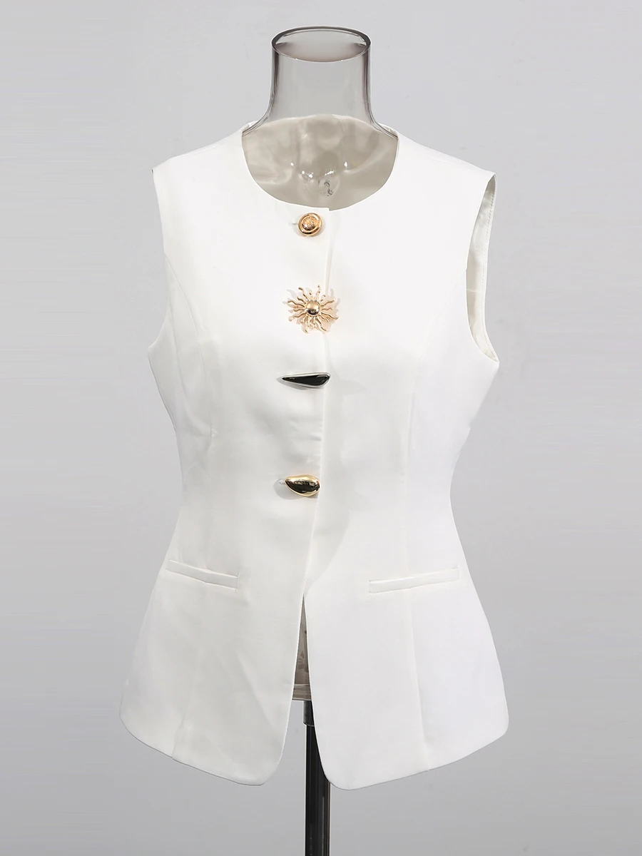 TWOTWINSTYLE Solid Spliced Button Slimming Vests For Women O Neck Sleeveless Tunic Temperament Vests Female Fashion Style New