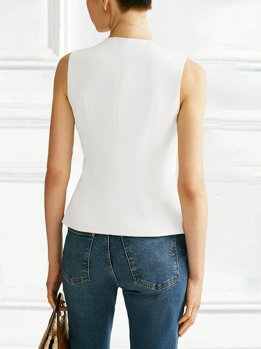 TWOTWINSTYLE Solid Spliced Button Slimming Vests For Women O Neck Sleeveless Tunic Temperament Vests Female Fashion Style New