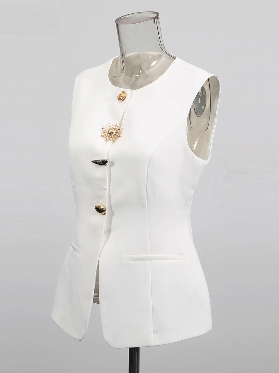 TWOTWINSTYLE Solid Spliced Button Slimming Vests For Women O Neck Sleeveless Tunic Temperament Vests Female Fashion Style New