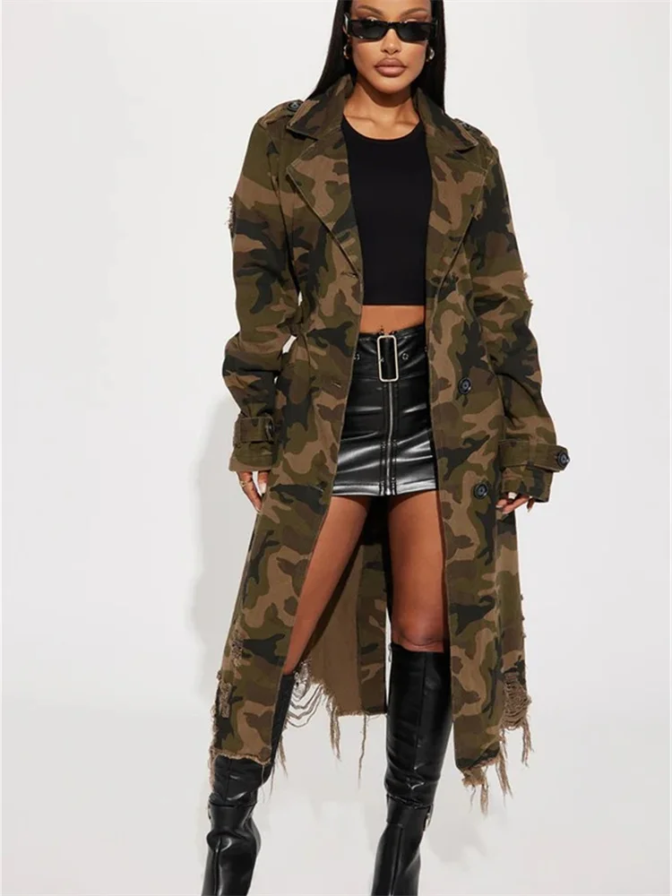 Wmstar Camouflage Trench Jacket Women Clothing Print Coat Streetwear Ripped Long Style Crop Tops Wholesale Dropshipping S-2XL