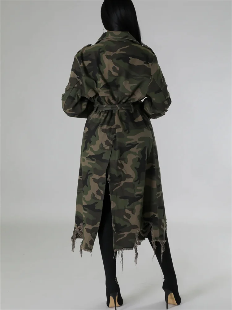 Wmstar Camouflage Trench Jacket Women Clothing Print Coat Streetwear Ripped Long Style Crop Tops Wholesale Dropshipping S-2XL