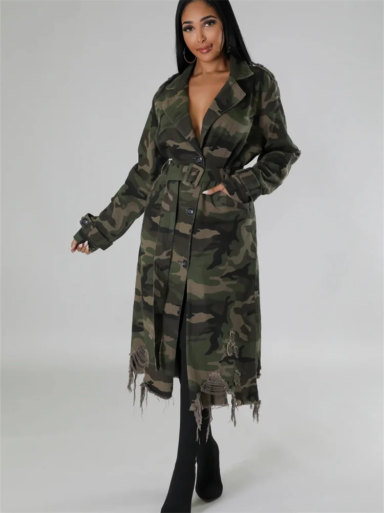 Wmstar Camouflage Trench Jacket Women Clothing Print Coat Streetwear Ripped Long Style Crop Tops Wholesale Dropshipping S-2XL