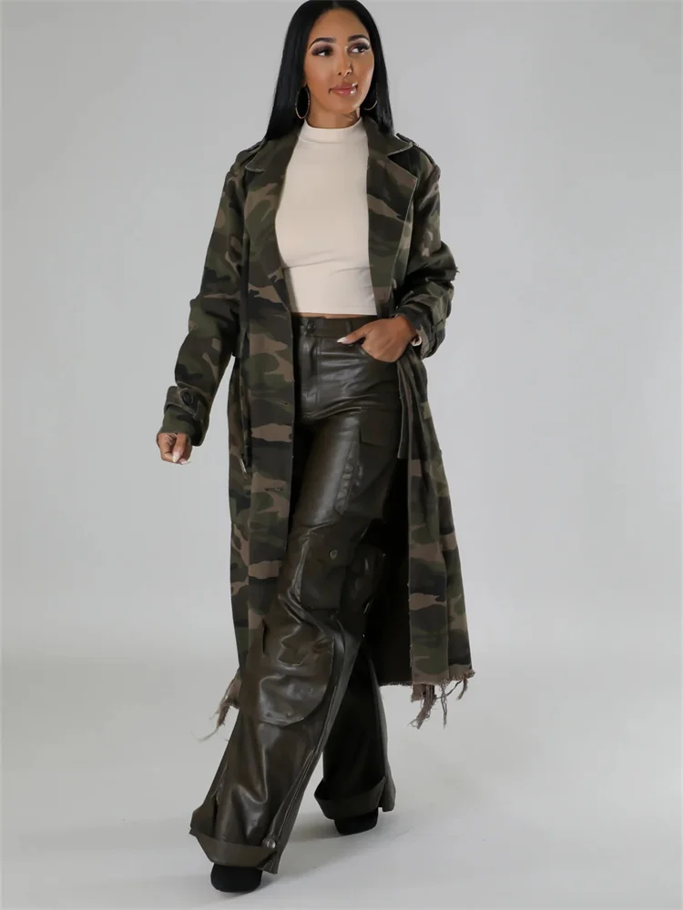 Wmstar Camouflage Trench Jacket Women Clothing Print Coat Streetwear Ripped Long Style Crop Tops Wholesale Dropshipping S-2XL