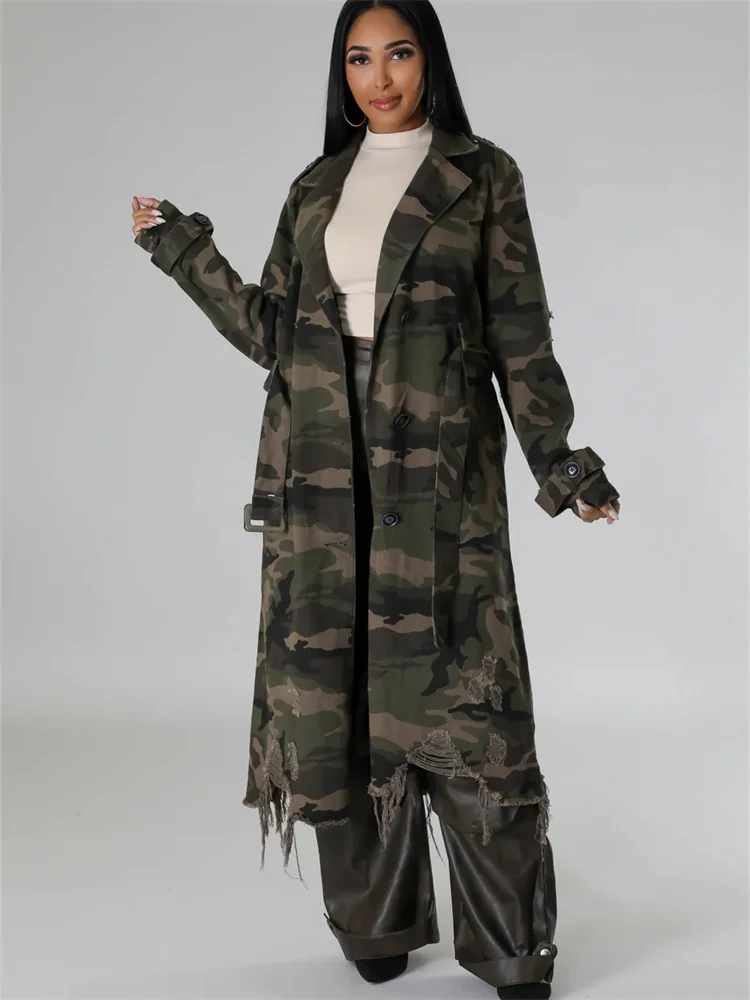 Wmstar Camouflage Trench Jacket Women Clothing Print Coat Streetwear Ripped Long Style Crop Tops Wholesale Dropshipping S-2XL
