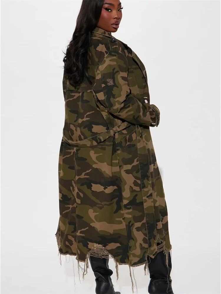 Wmstar Camouflage Trench Jacket Women Clothing Print Coat Streetwear Ripped Long Style Crop Tops Wholesale Dropshipping S-2XL