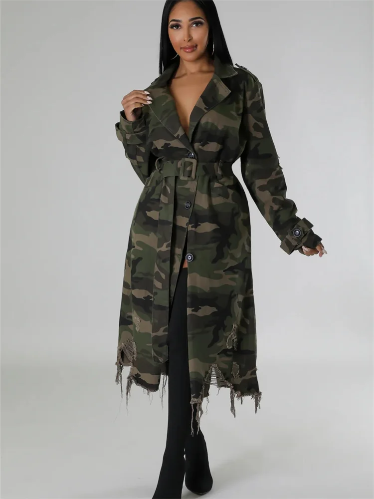 Wmstar Camouflage Trench Jacket Women Clothing Print Coat Streetwear Ripped Long Style Crop Tops Wholesale Dropshipping S-2XL