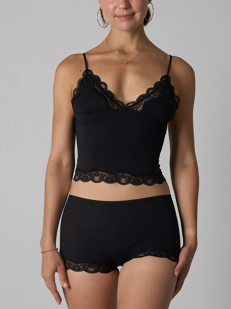 Europe American Simple Pink Light Thin Lace Strap Tank Top Flat Corner Lace Underwear for Women Comfortable Stretchy Short Sets