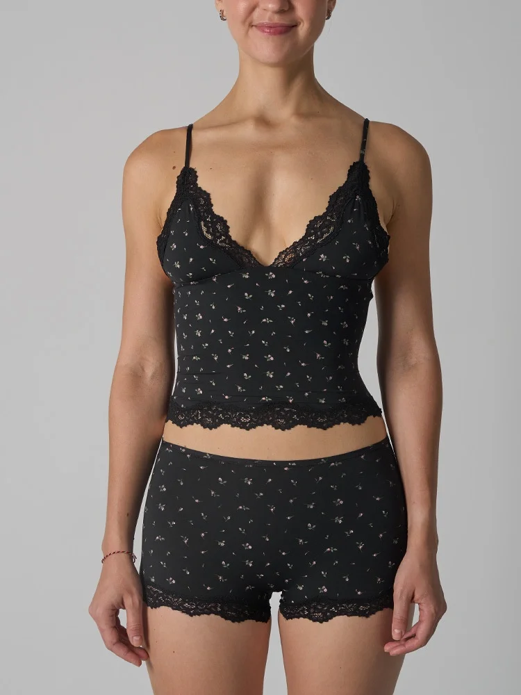 Europe American Simple Pink Light Thin Lace Strap Tank Top Flat Corner Lace Underwear for Women Comfortable Stretchy Short Sets