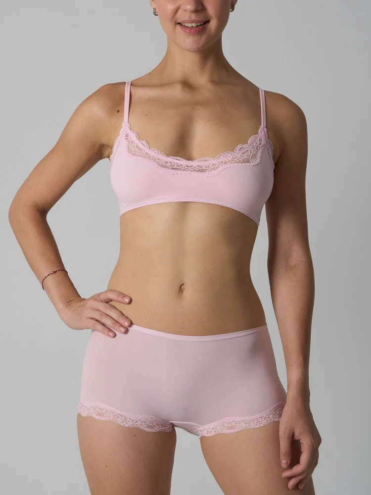 Europe American Simple Pink Light Thin Lace Strap Tank Top Flat Corner Lace Underwear for Women Comfortable Stretchy Short Sets