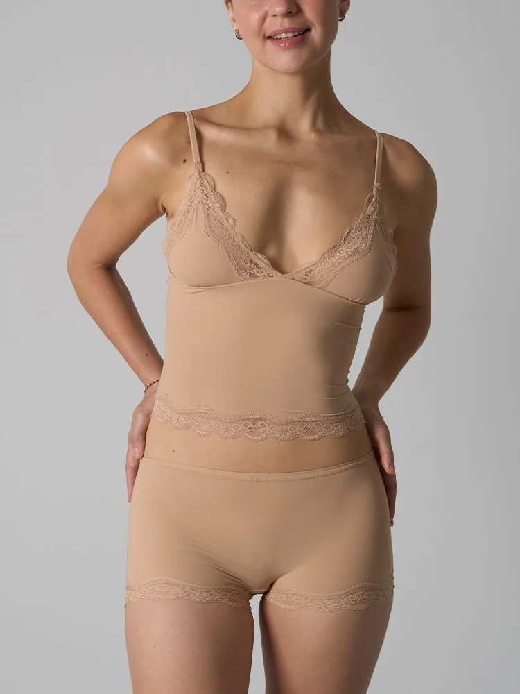 Europe American Simple Pink Light Thin Lace Strap Tank Top Flat Corner Lace Underwear for Women Comfortable Stretchy Short Sets