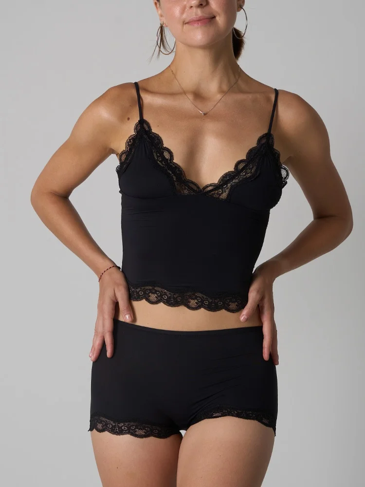 Europe American Simple Pink Light Thin Lace Strap Tank Top Flat Corner Lace Underwear for Women Comfortable Stretchy Short Sets