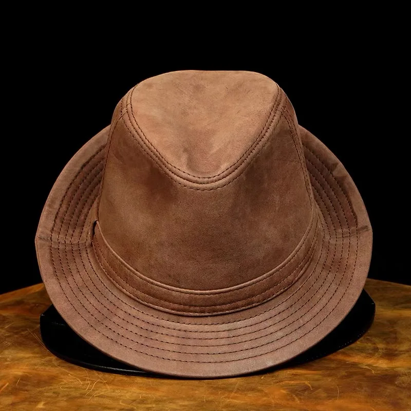 Genuine Leather Cowhide Sheepskin Men Gentleman Fedoras Hat for Performance Travel Warm Winter Autumn Top Hat