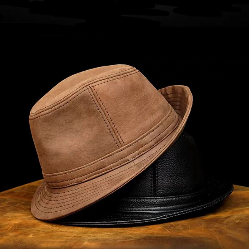 Genuine Leather Cowhide Sheepskin Men Gentleman Fedoras Hat for Performance Travel Warm Winter Autumn Top Hat