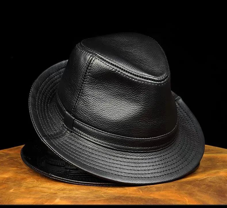 Genuine Leather Cowhide Sheepskin Men Gentleman Fedoras Hat for Performance Travel Warm Winter Autumn Top Hat