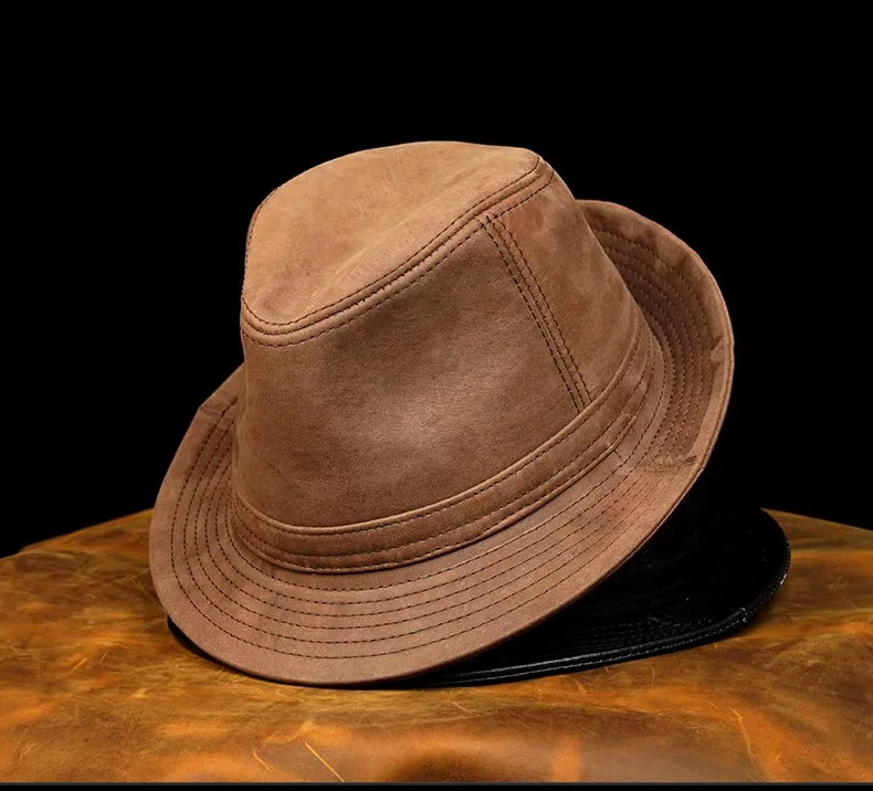 Genuine Leather Cowhide Sheepskin Men Gentleman Fedoras Hat for Performance Travel Warm Winter Autumn Top Hat