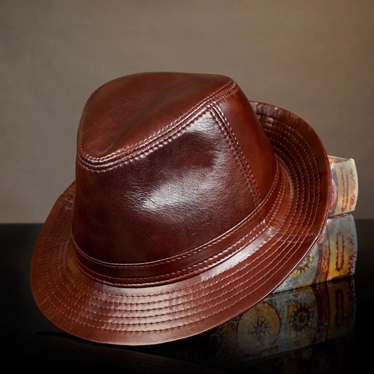 Genuine Leather Cowhide Sheepskin Men Gentleman Fedoras Hat for Performance Travel Warm Winter Autumn Top Hat