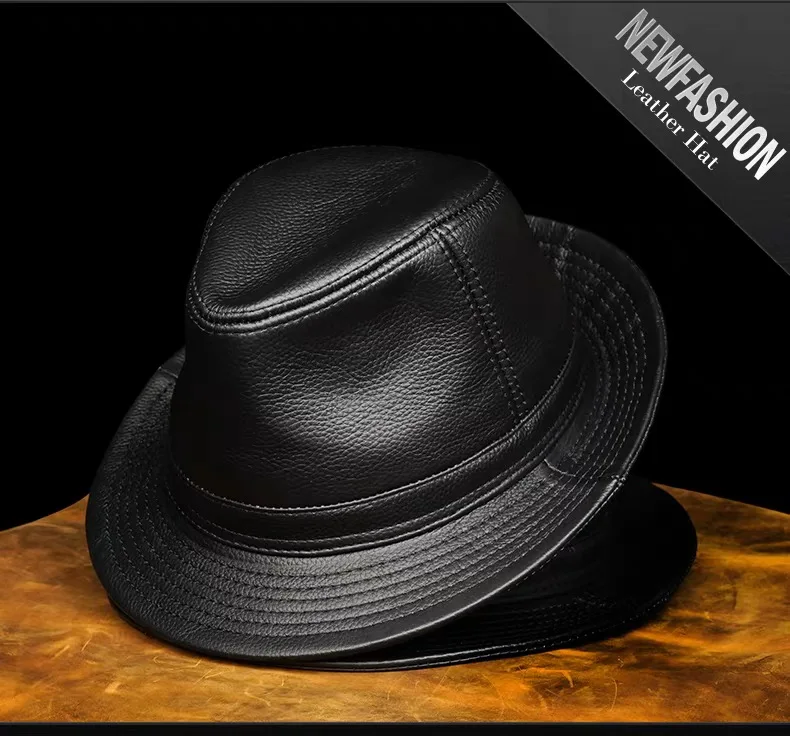 Genuine Leather Cowhide Sheepskin Men Gentleman Fedoras Hat for Performance Travel Warm Winter Autumn Top Hat