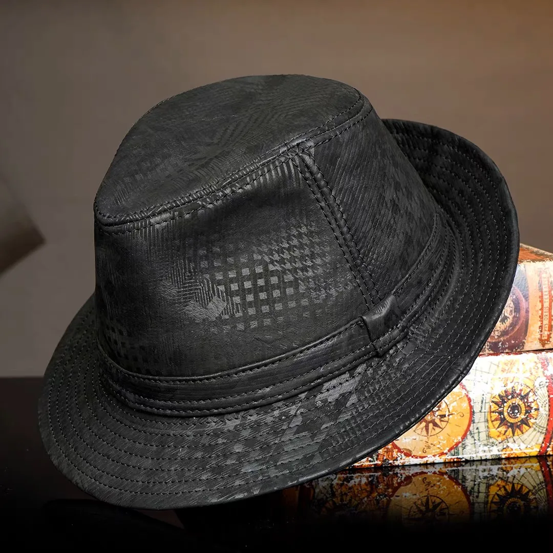 Genuine Leather Cowhide Sheepskin Men Gentleman Fedoras Hat for Performance Travel Warm Winter Autumn Top Hat